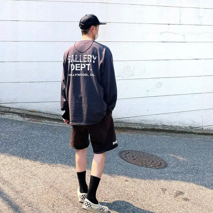 GALLERY DEPT. SOUVENIR L/S TEE Black Basic English Logo Long Sleeves Washed Black S-XL Heavy Washed Vintage Cylindrical Seamless Linen Cotton Fabric